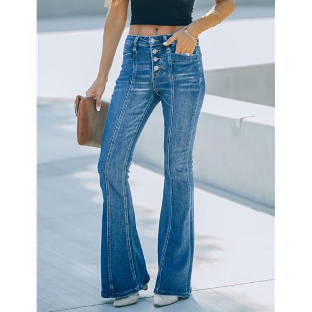 Medium Blue Flare Bell Bottom Jeans Wide‎ Leg Button High Waist Bootcut Jeans